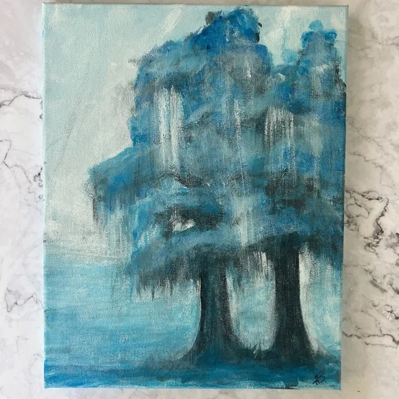 Abstract Cypress Trees Acrylic Painting11x14 CanvasWhispering Blue Canopy